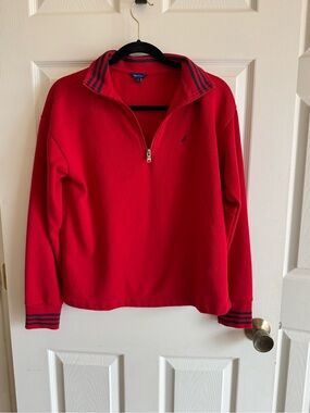 Nautica Women’s Red Quarter-Zip Pullover with Striped Trim